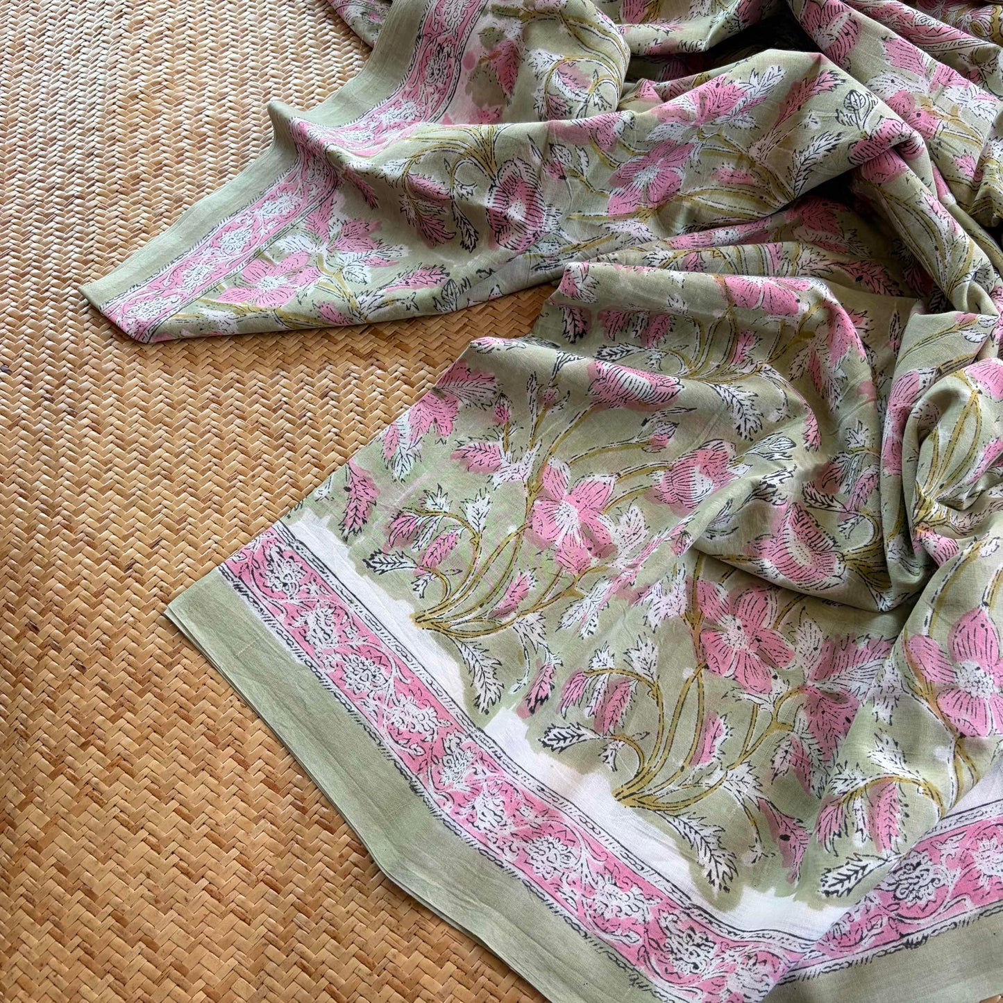 Mul Mul Cotton saree, Hand Block Printed, Pastel Green