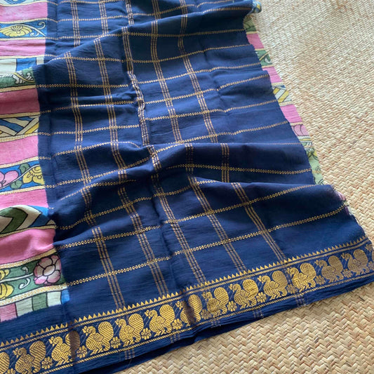 Multicoloured Kalamkari Hand Painted on a Madurai Velthari Sungudi Cotton saree.