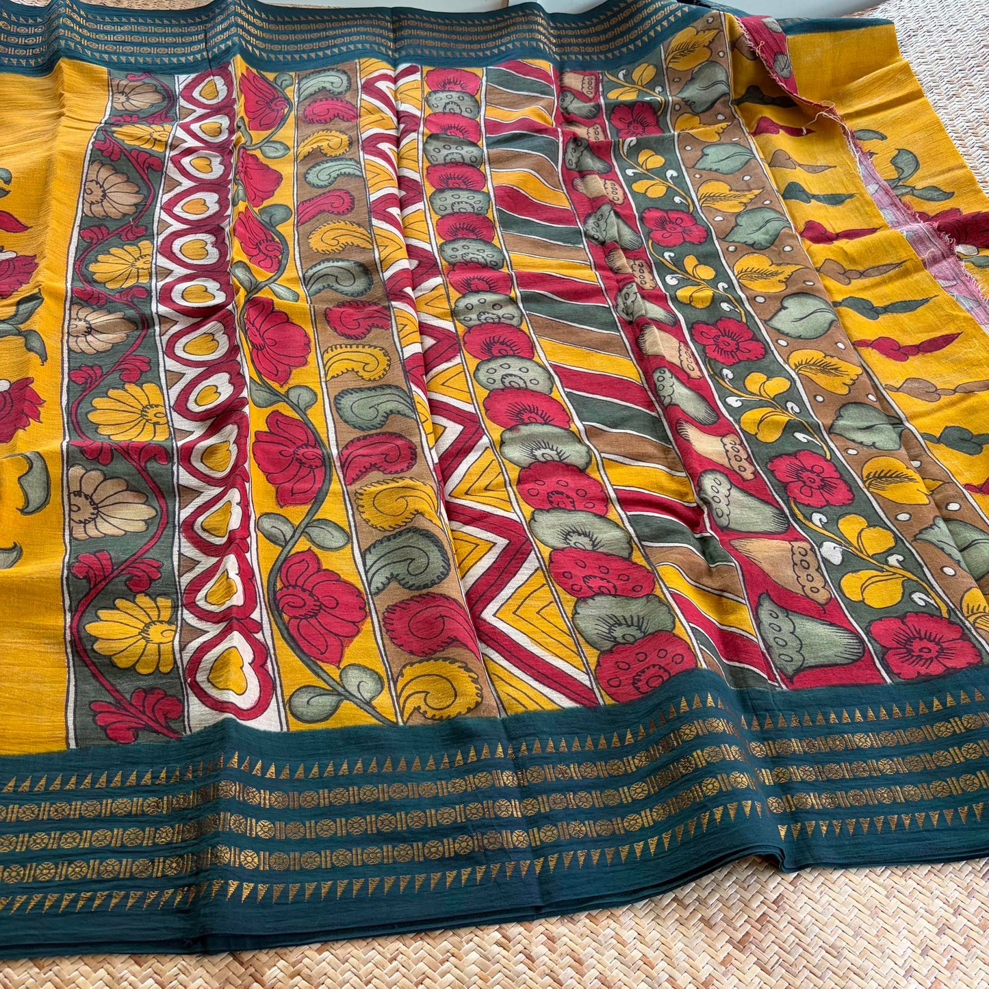 Botanical Kalamkari Hand Painted on Cotton Sungudi Saree With Blouse