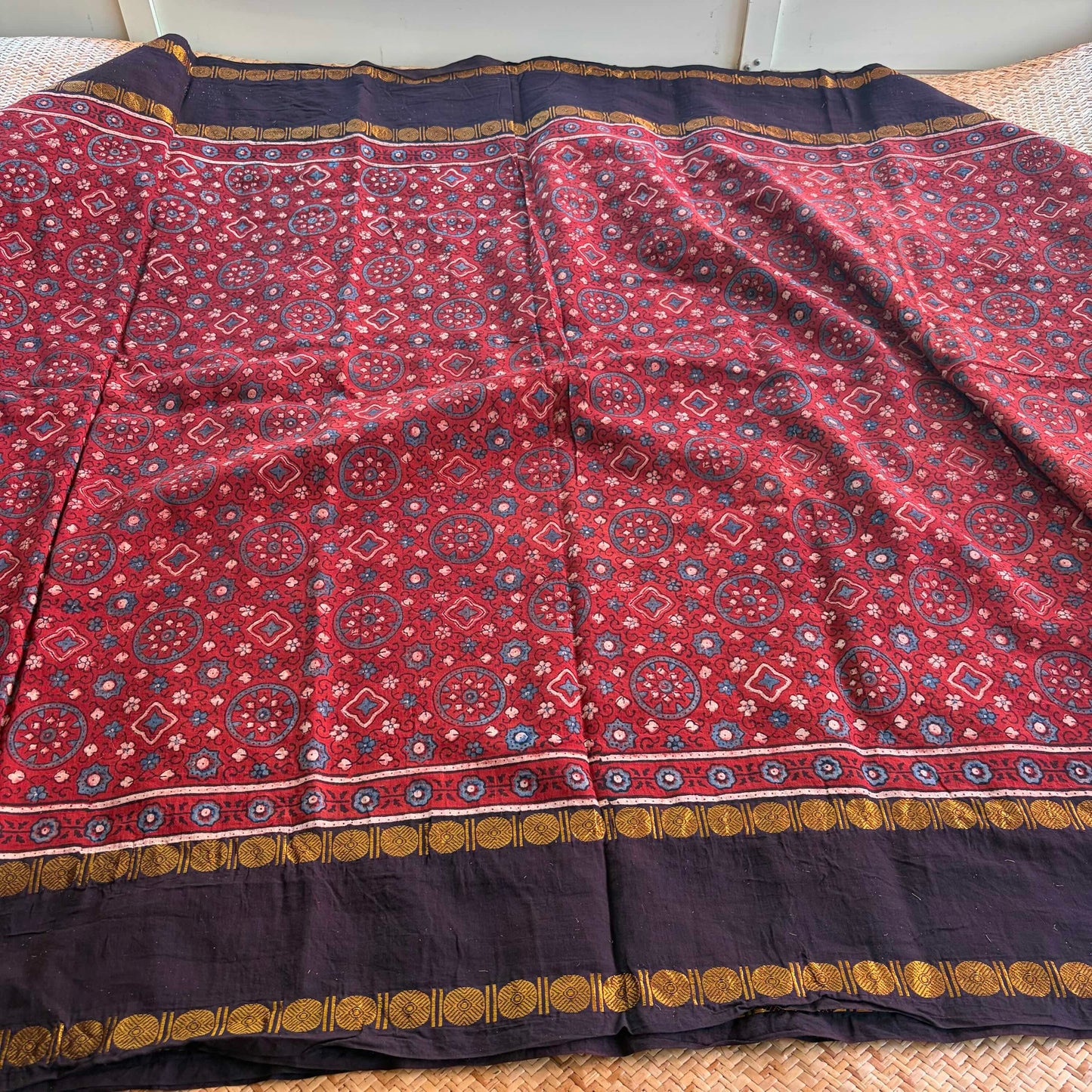 Vintage- Rudraksha Border, Ajrak Hand Block Printed On Madurai Cotton Saree With Zari