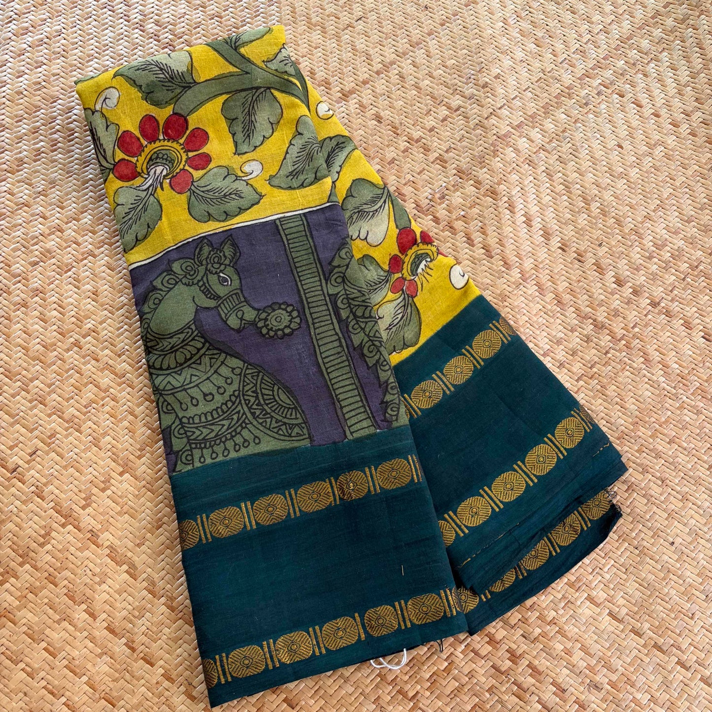 Horse, Kalamkari Hand Painted on a Madurai Sungudi Cotton saree.