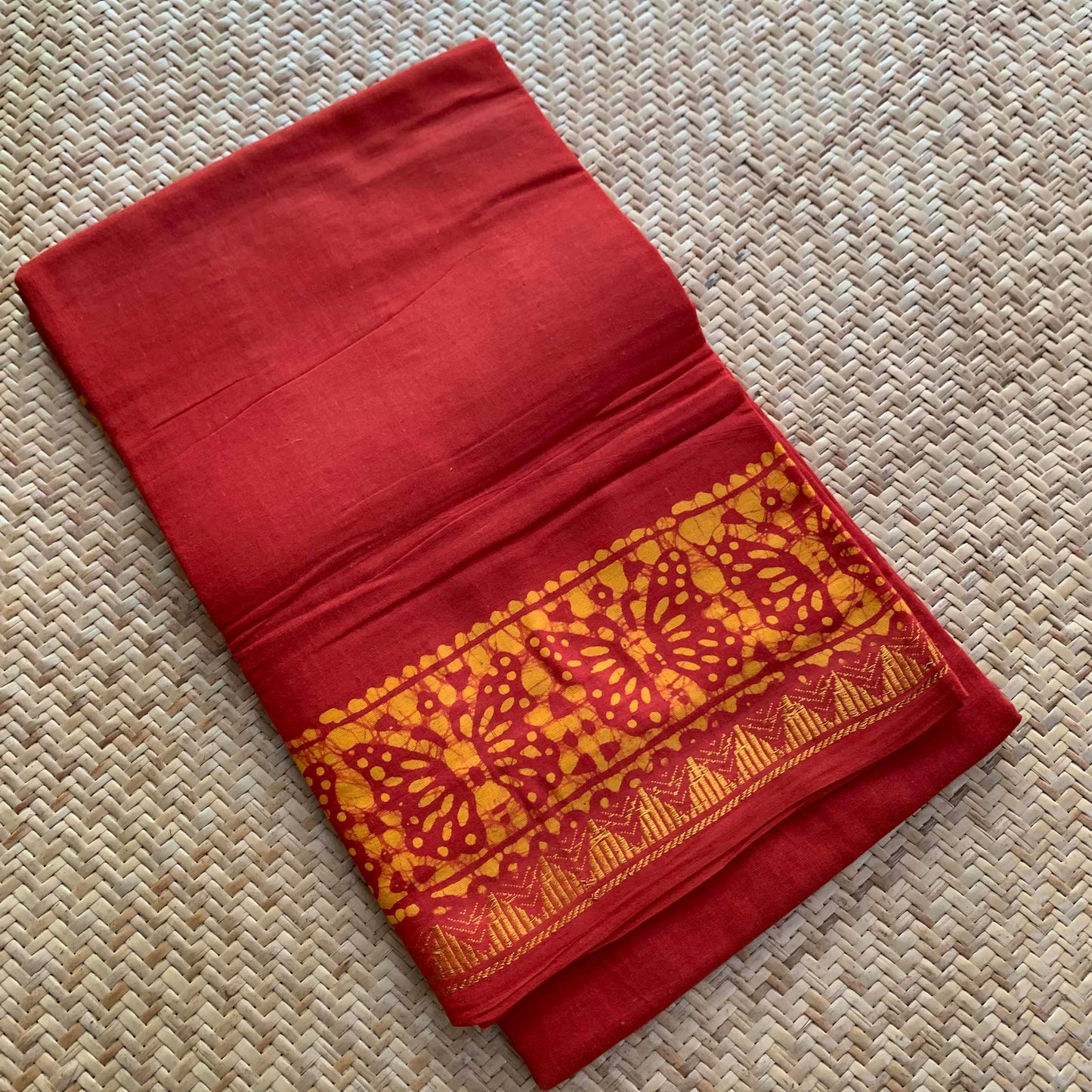 Brown Hand Crafted wax print Sungudi Mul Mul Cotton Saree