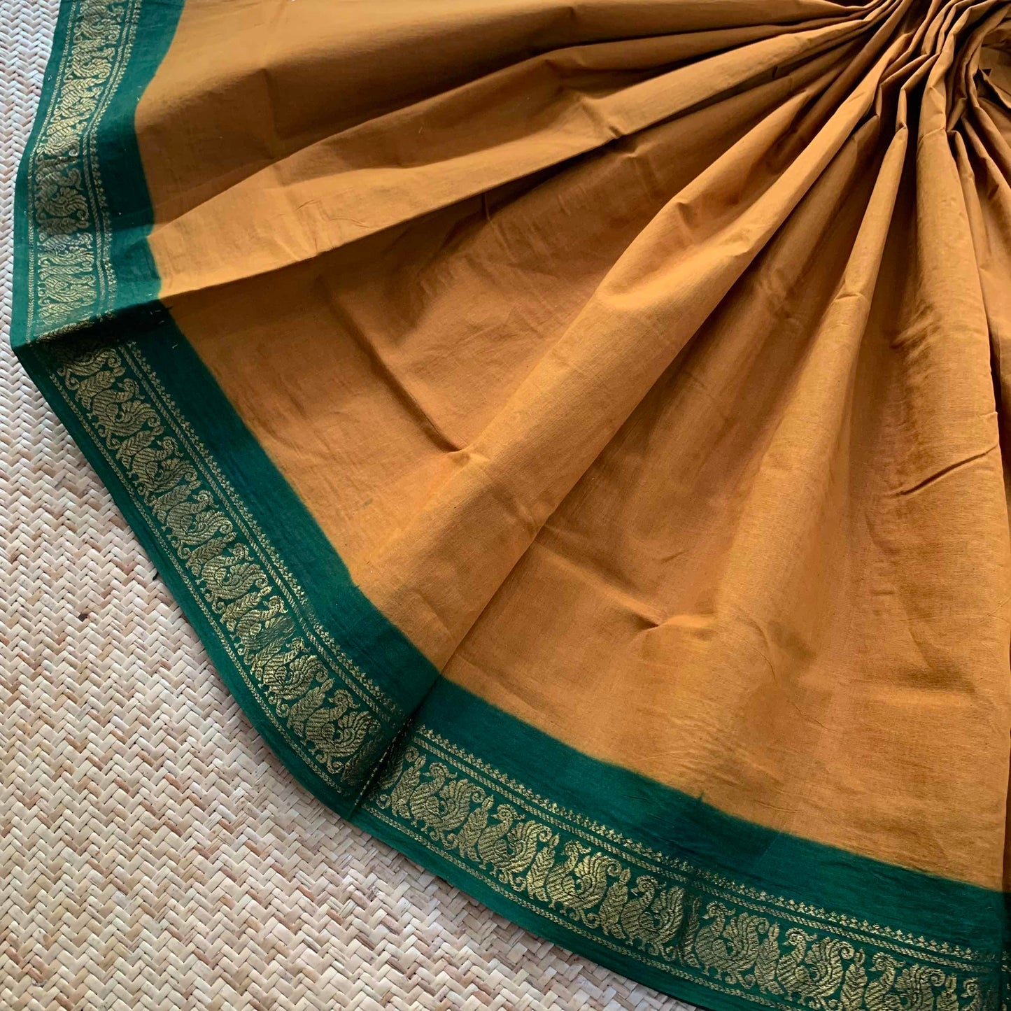 Mustard Saree With Green Half Fine Zari Border, Clamp dyed (Kattu sayam).