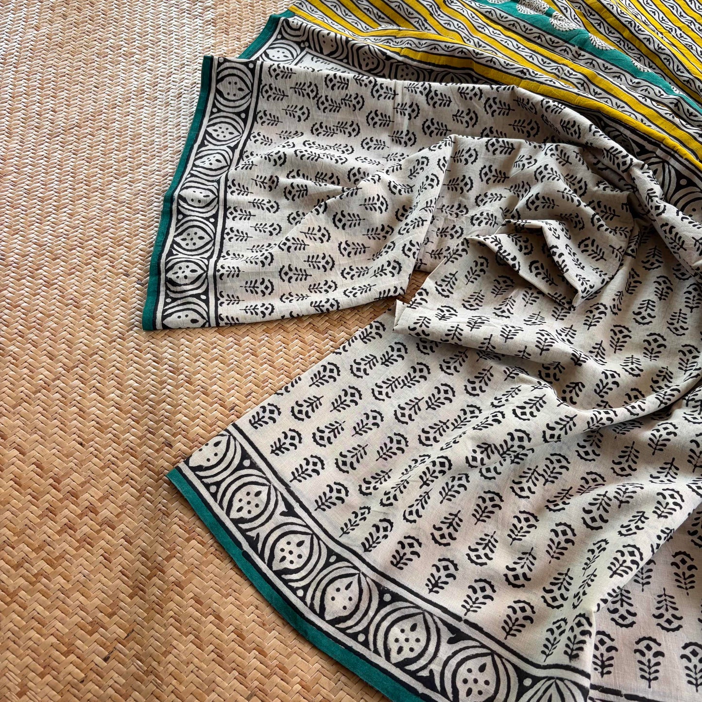 Mul Mul Cotton saree, Hand Block Printed, Beige