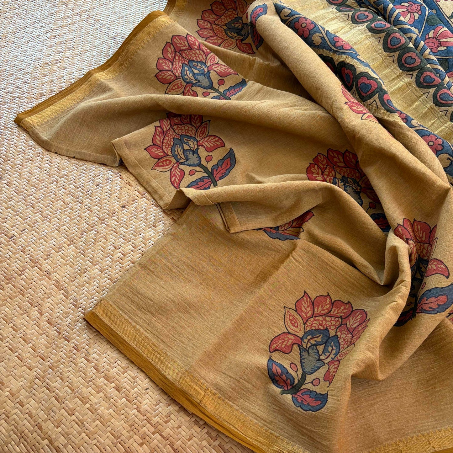Biscuit Kalamkari Hand Painted on Chettinad Cotton saree