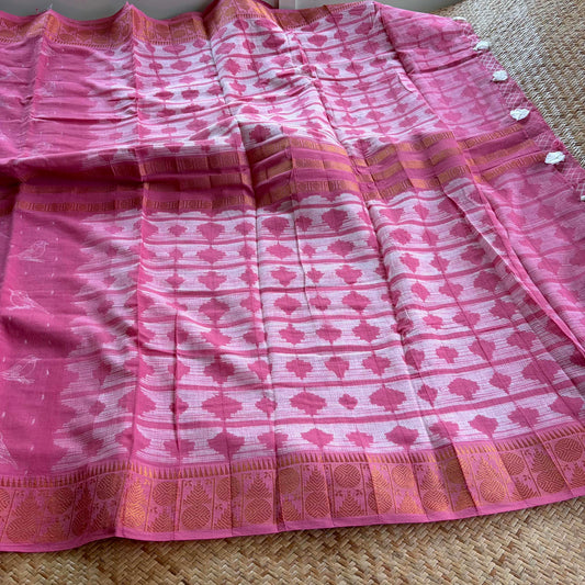 Pink , Hand Crafted Nui Shibori Sungudi Cotton Saree