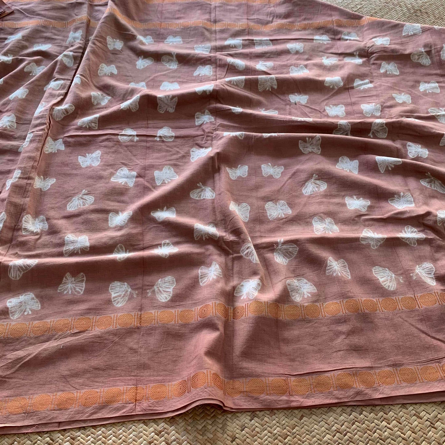 Butterfly - Nude Pink, Hand Crafted Shibori Sungudi Cotton Saree