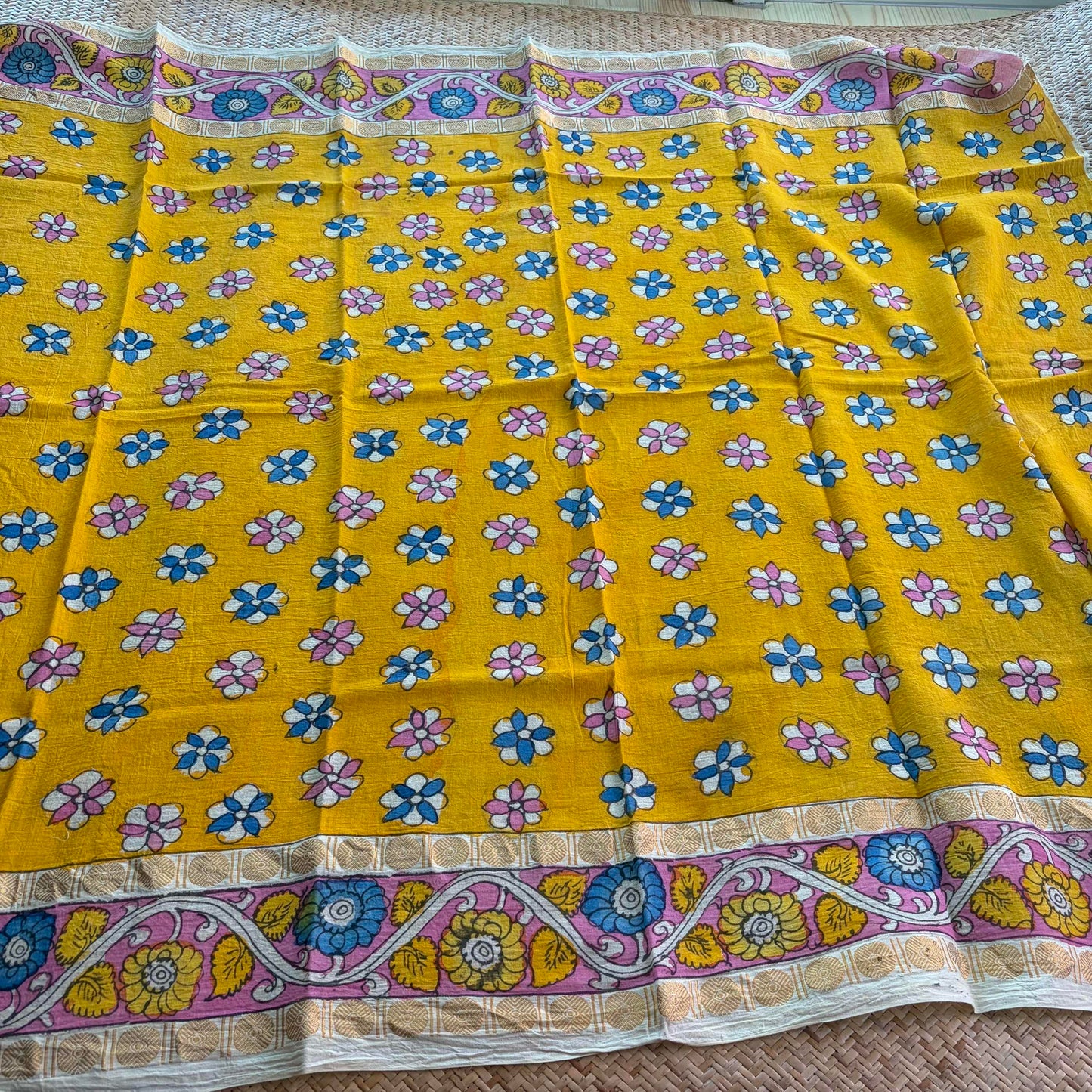 Yellow Floral, Kalamkari Hand Painted on a Madurai Sungudi Cotton 1.20 METER FABRIC