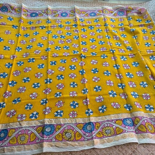 Yellow Floral, Kalamkari Hand Painted on a Madurai Sungudi Cotton 1.20 METER FABRIC