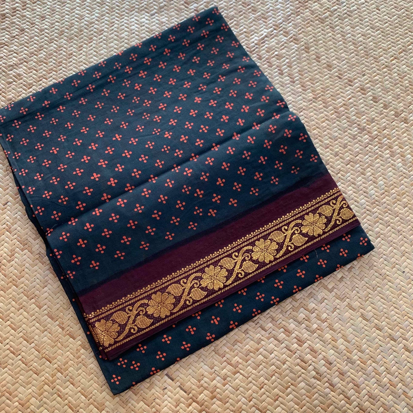 Black Saree With Araku Wax Print, Half Fine Zari Premium Sungudi Cotton Sarees