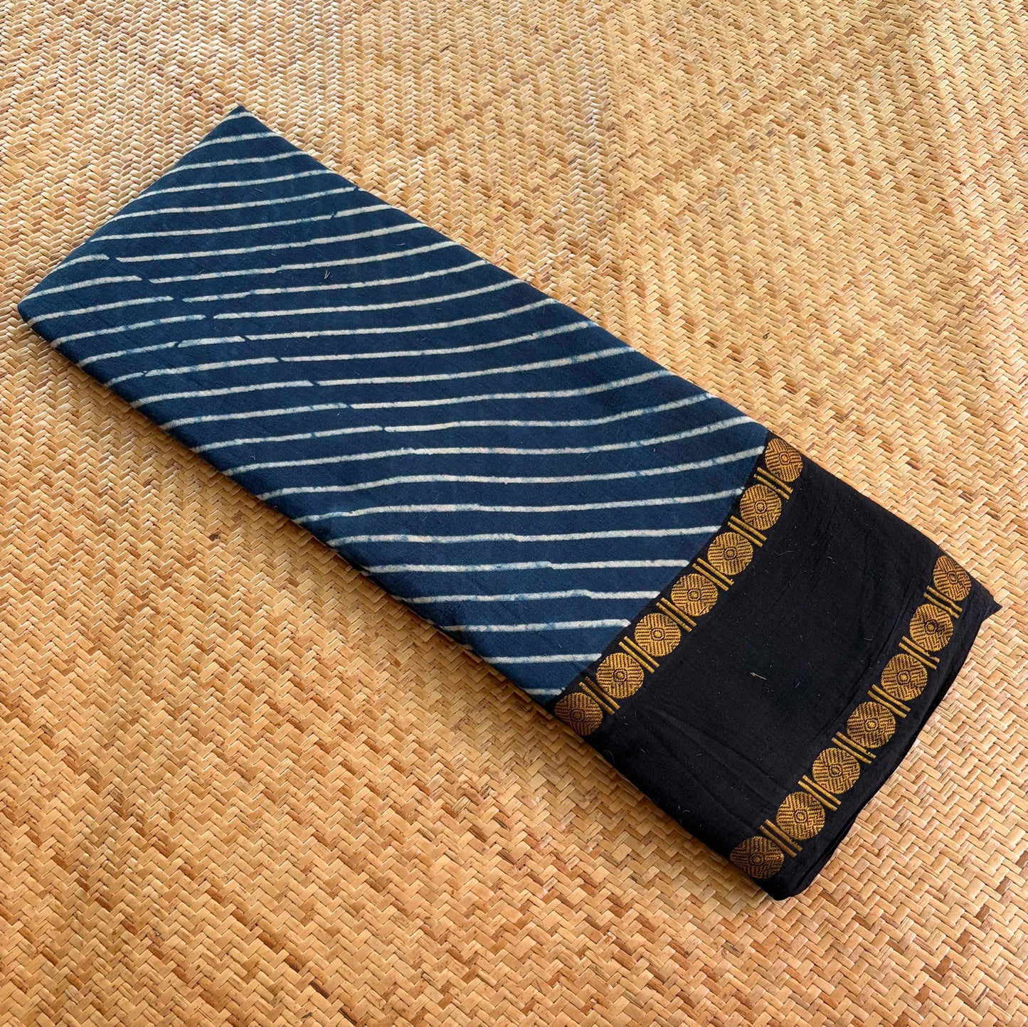 Diagonal Indigo, Ajrak Hand Block Printed On Madurai Cotton Saree With Zari