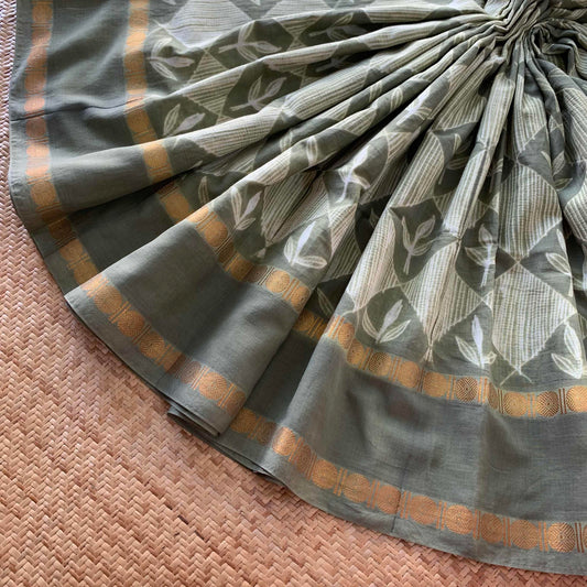 Tea Leaves - Smoke Green, Hand Crafted Shibori Sungudi Cotton Saree