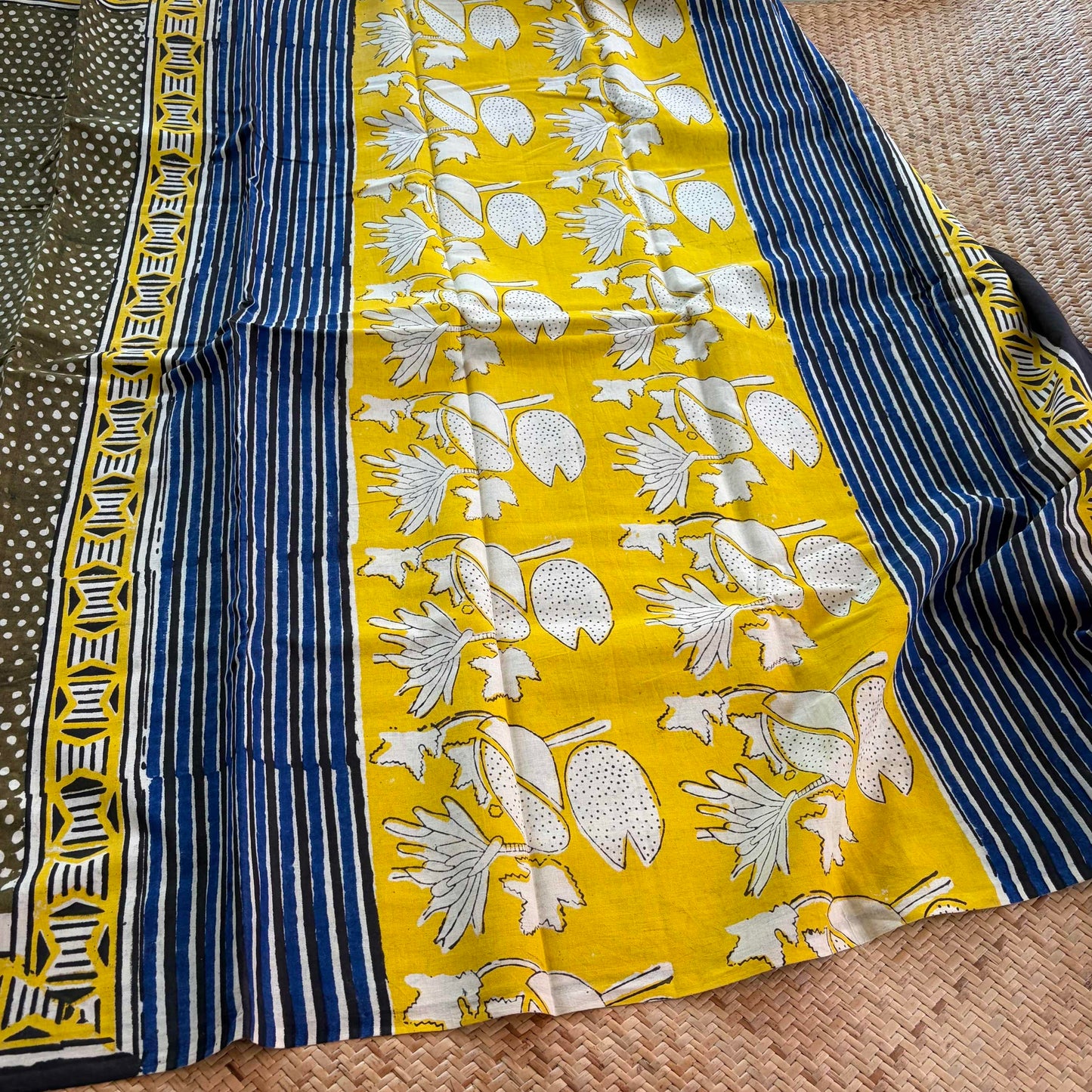 Mul Mul Cotton saree, Hand Block Printed, Green