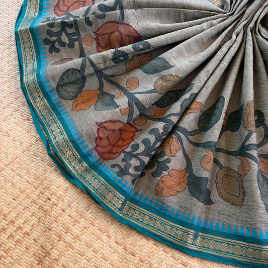 Grey Kalamkari Hand Painted on Chettinad Cotton saree