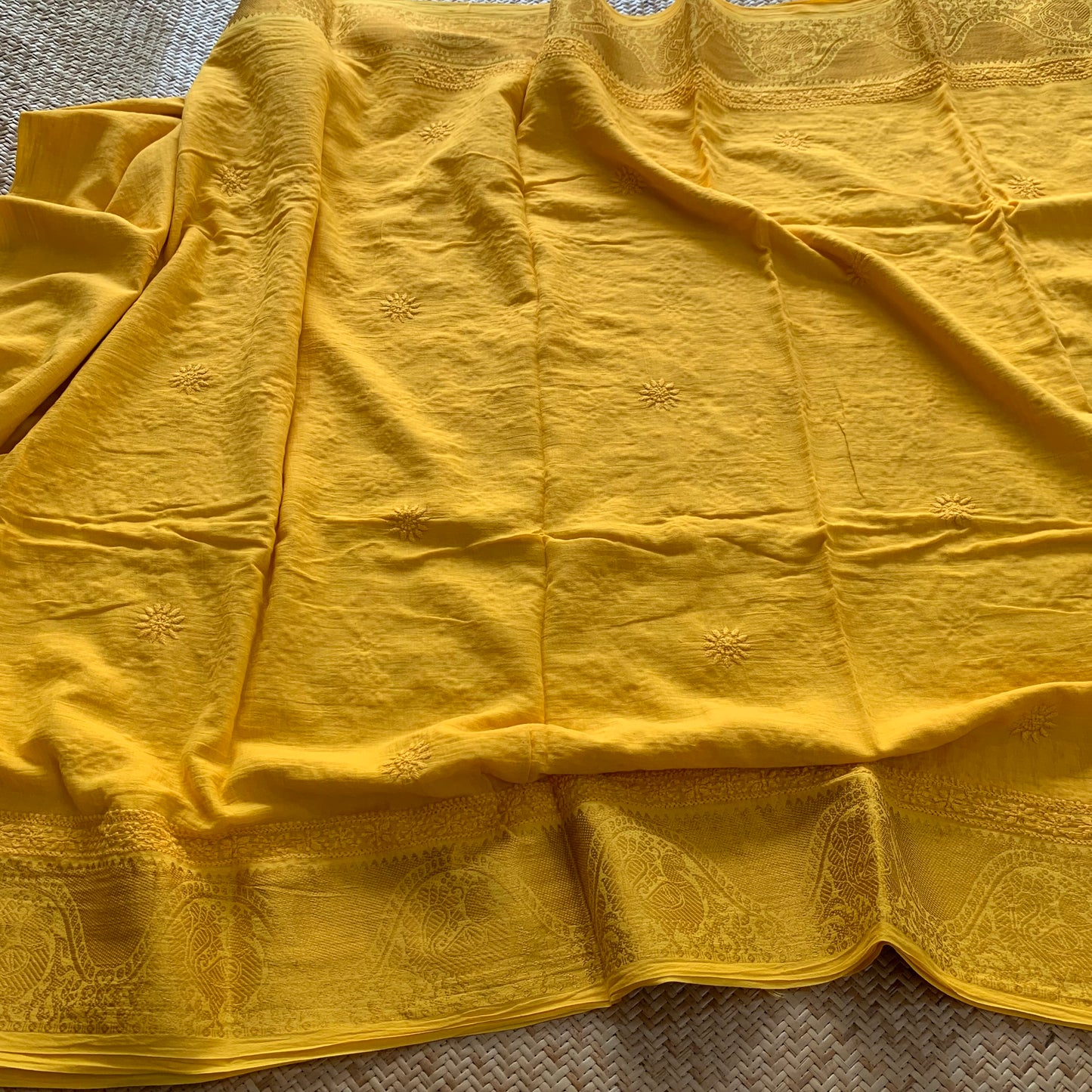 Yellow Chickankari Hand Embroidery on a Sungudi Cotton Saree
