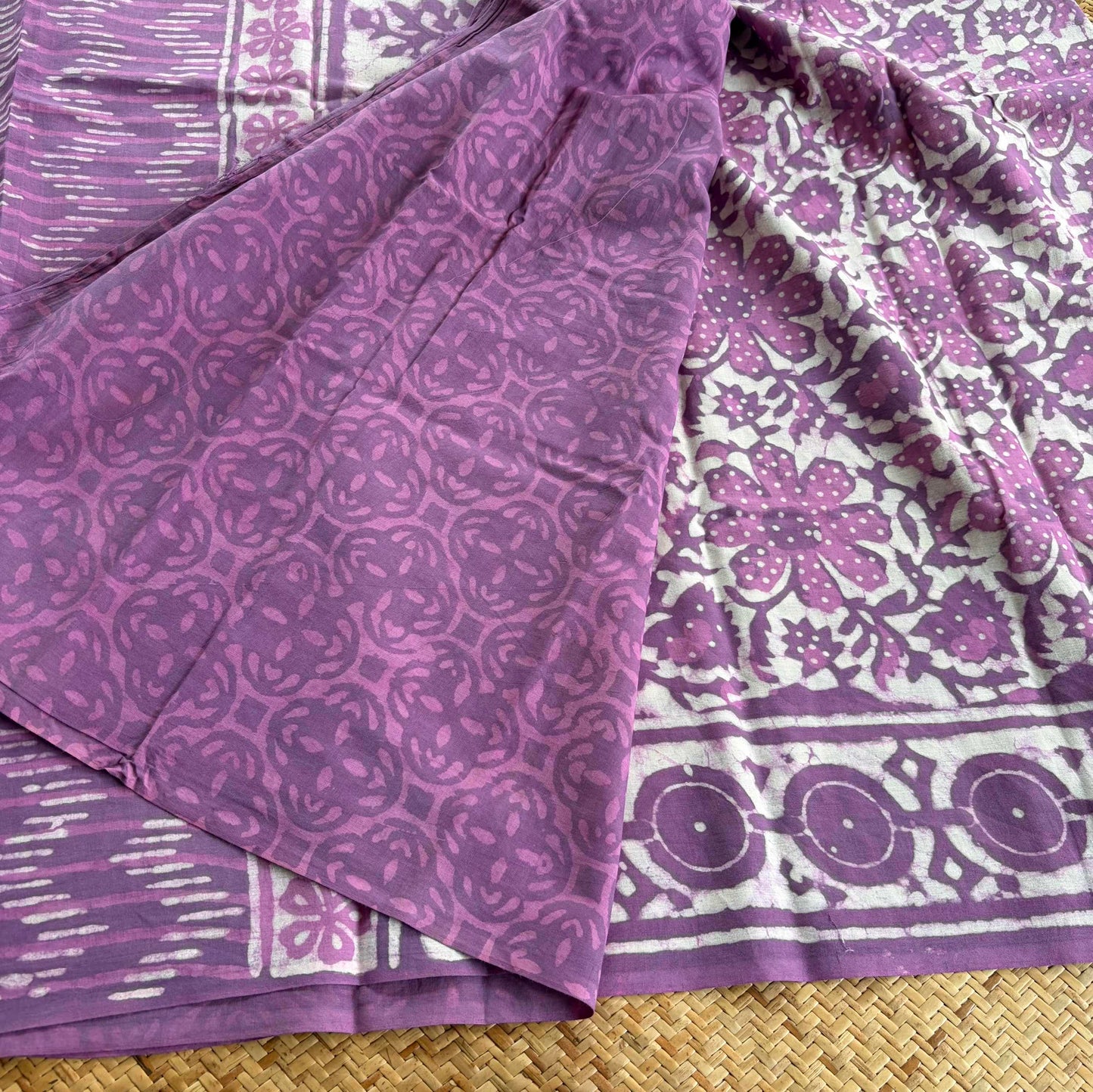 Mul Mul Cotton saree, Hand Block Printed, Purple
