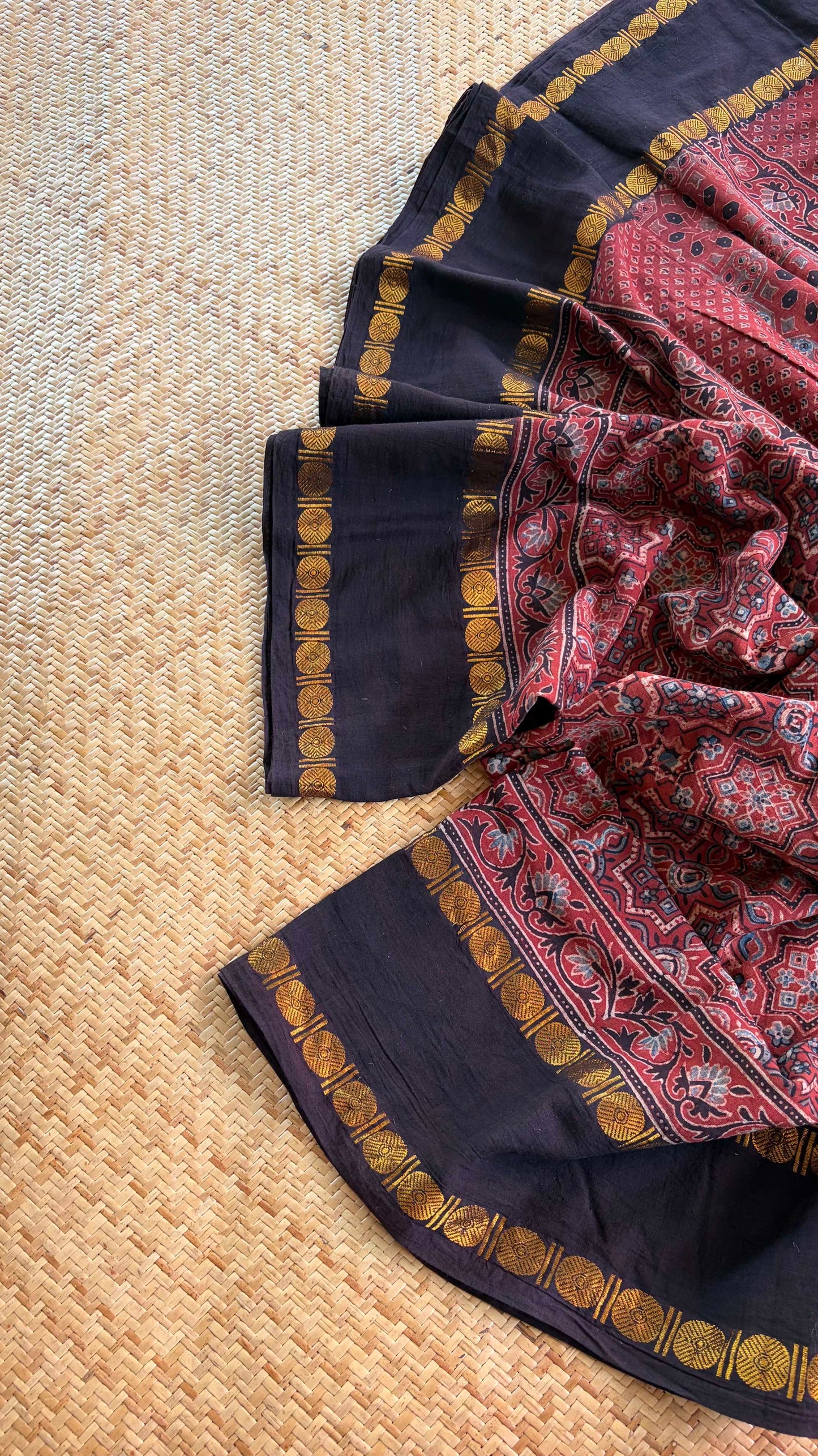 Star Madder, Ajrak Hand Block Printed On Madurai Cotton Saree With Zari