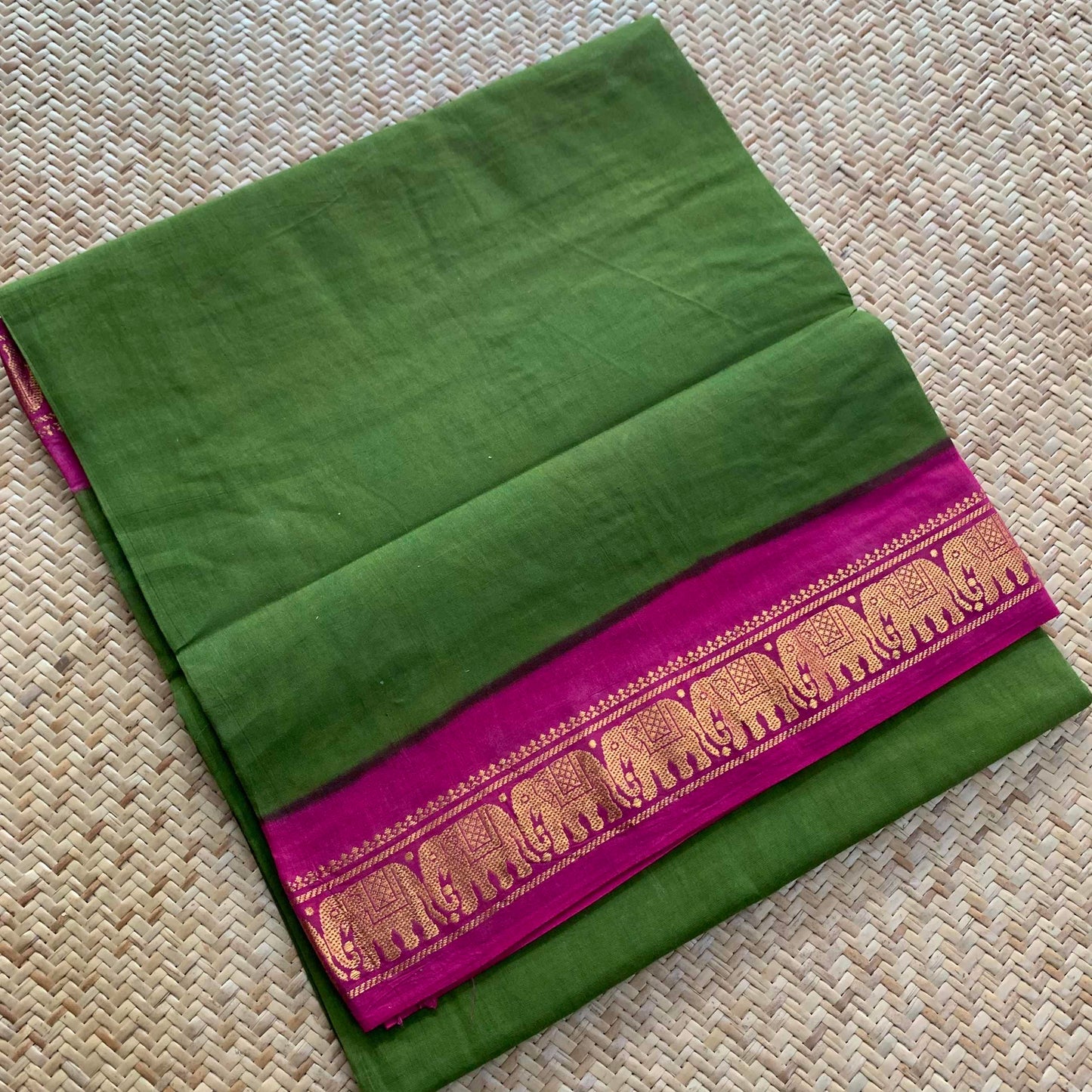 Green Saree With Pink Half Fine Zari Border, Clamp dyed (Kattu sayam).