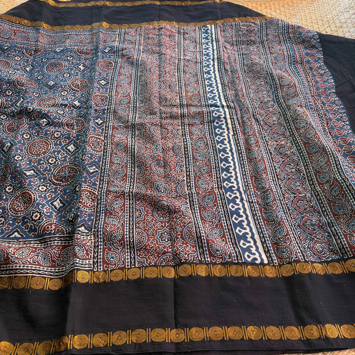 Indigo, Ajrak Hand Block Printed On Madurai Cotton Saree With Zari