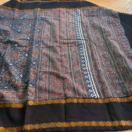 Indigo, Ajrak Hand Block Printed On Madurai Cotton Saree With Zari