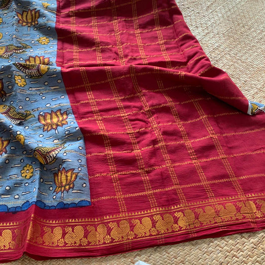 Pound- Kalamkari Hand Painted on a Madurai Velthari Sungudi Cotton saree.