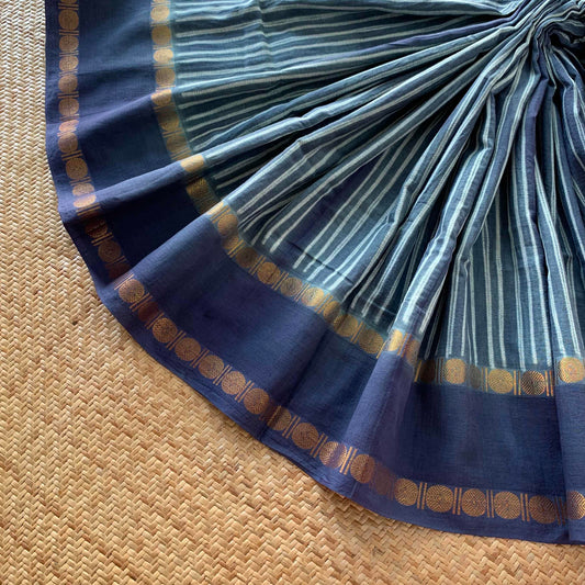 Lines - Denim Blue, Hand Crafted Shibori Sungudi Cotton Saree