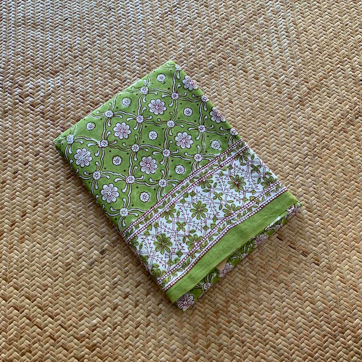 Mul Mul Cotton saree, Hand Block Printed, Green