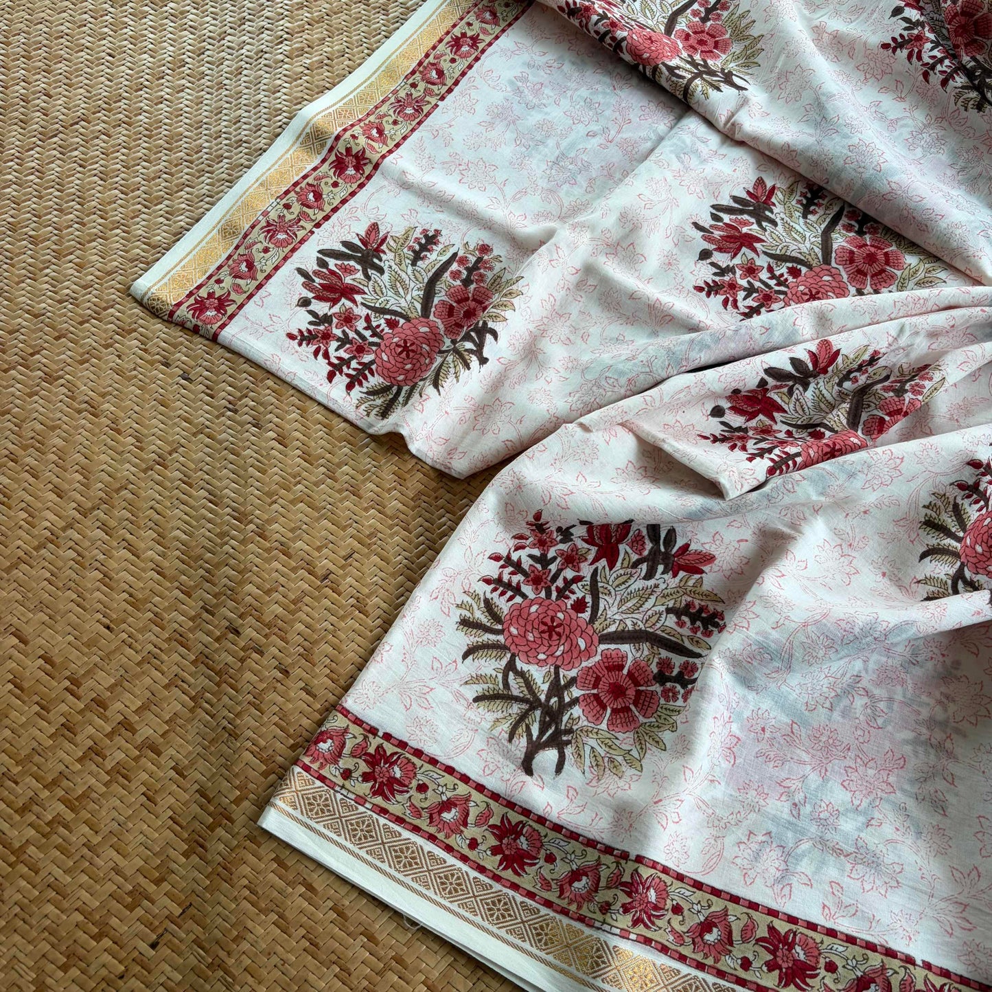 White, Jaipur Hand Block Printed On Madurai Cotton Saree With Zari