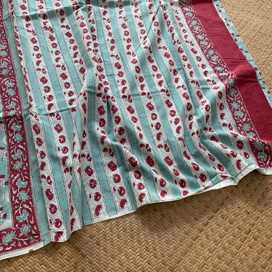 Mul Mul Cotton saree, Bagru Hand Block Printed, Aqua