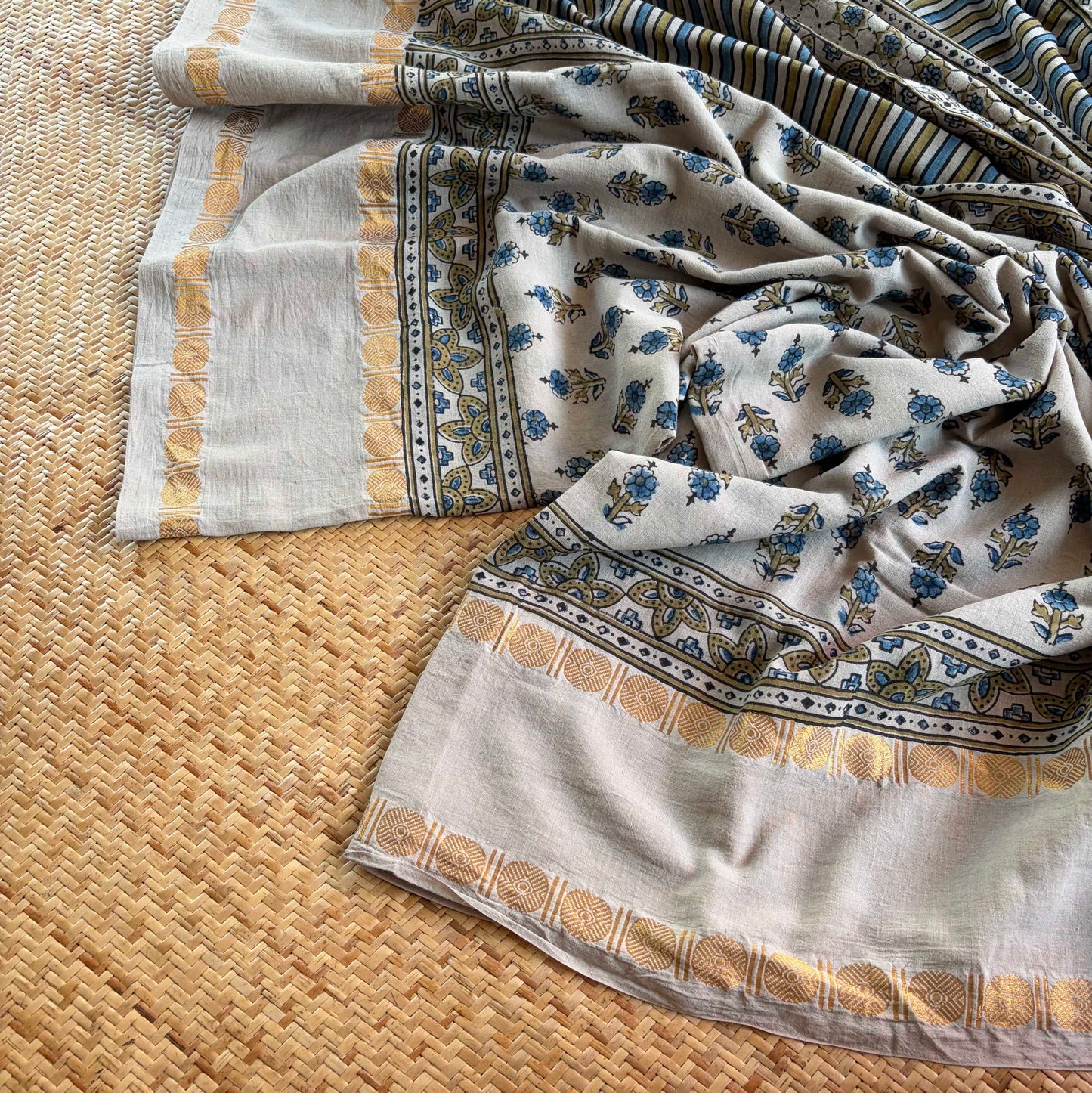 Pastel Grey, Ajrak Hand Block Printed On Madurai Cotton Saree With Zari