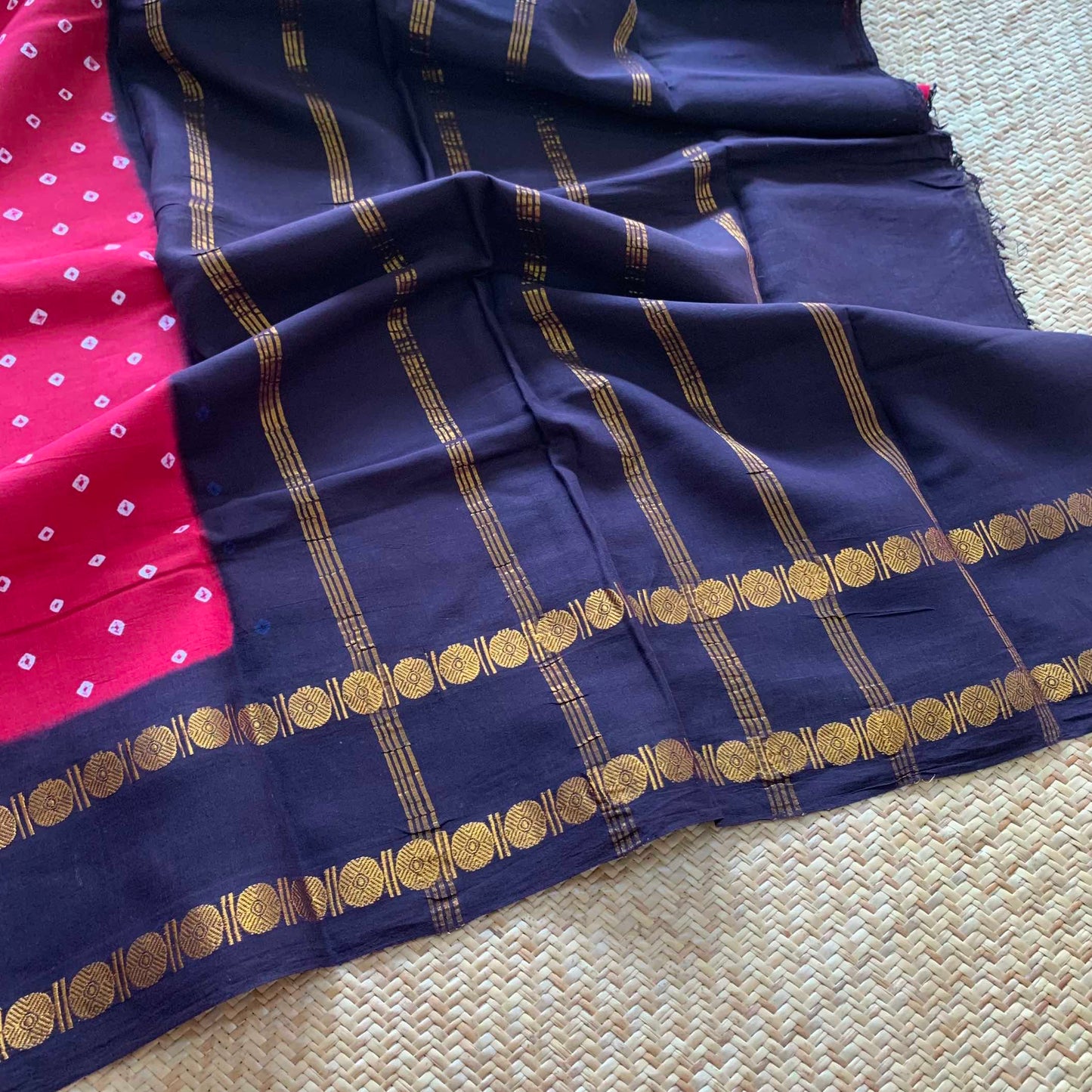 Red Saree With Black Border, Hand knotted Sungudi On a Rudraksham Border Cotton saree, Kaikattu Sungadi