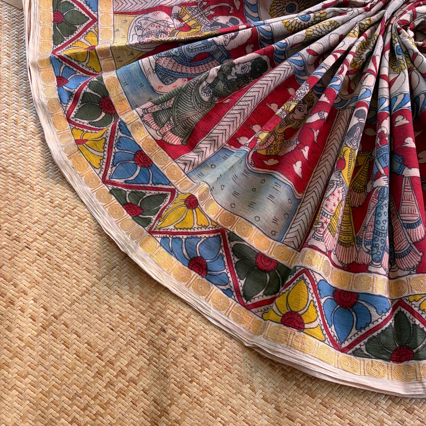 Ramayana Kalamkari Hand Painted on Cotton Sungudi Saree With Blouse