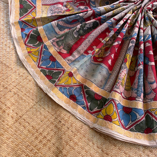 Ramayana Kalamkari Hand Painted on Cotton Sungudi Saree With Blouse