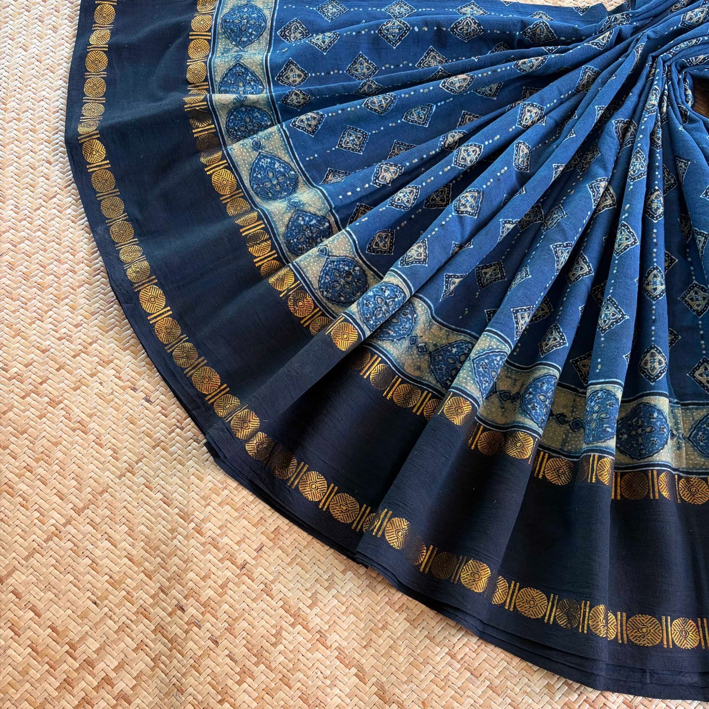 Diamond Indigo, Ajrak Hand Block Printed On Madurai Cotton Saree With Zari