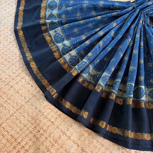 Diamond Indigo, Ajrak Hand Block Printed On Madurai Cotton Saree With Zari