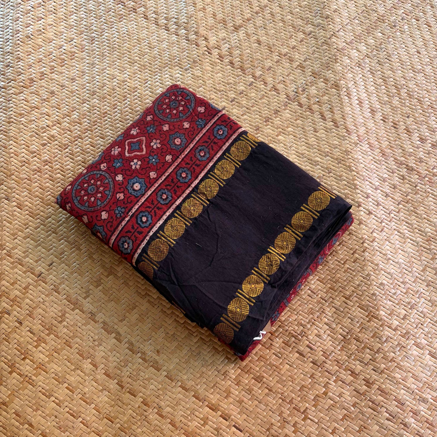 Vintage- Rudraksha Border, Ajrak Hand Block Printed On Madurai Cotton Saree With Zari