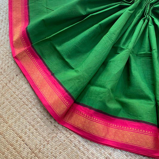 Green Saree With Pink Half Fine Zari Border, Clamp dyed (Kattu sayam).