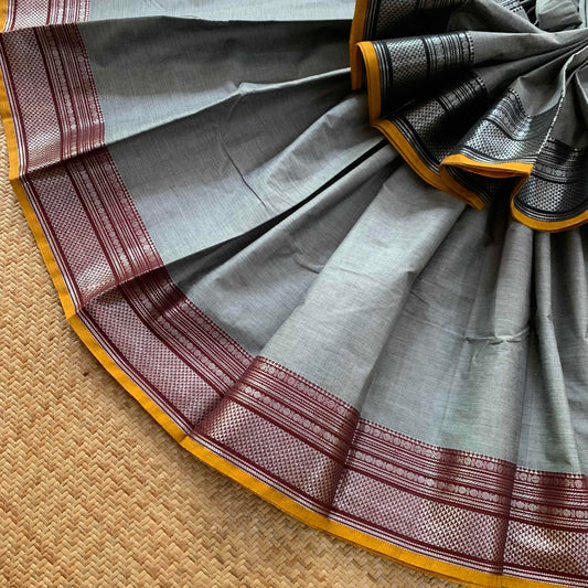 Grey Saree Black Ganga Jamuna Border, Chettinad cotton saree