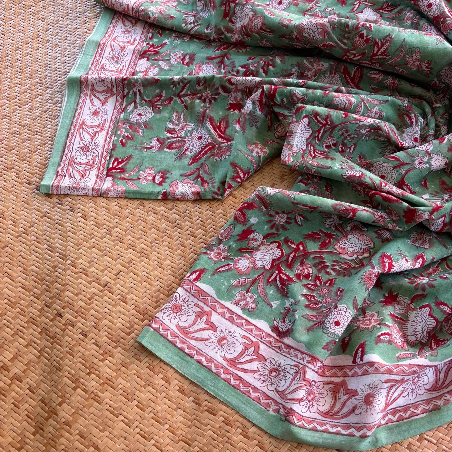 Mul Mul Cotton saree, Hand Block Printed, Green