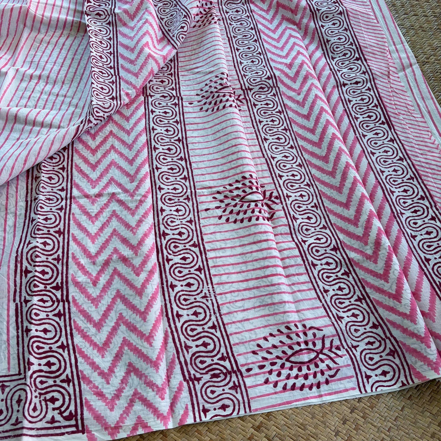 Mul Mul Cotton saree, Hand Block Printed, White