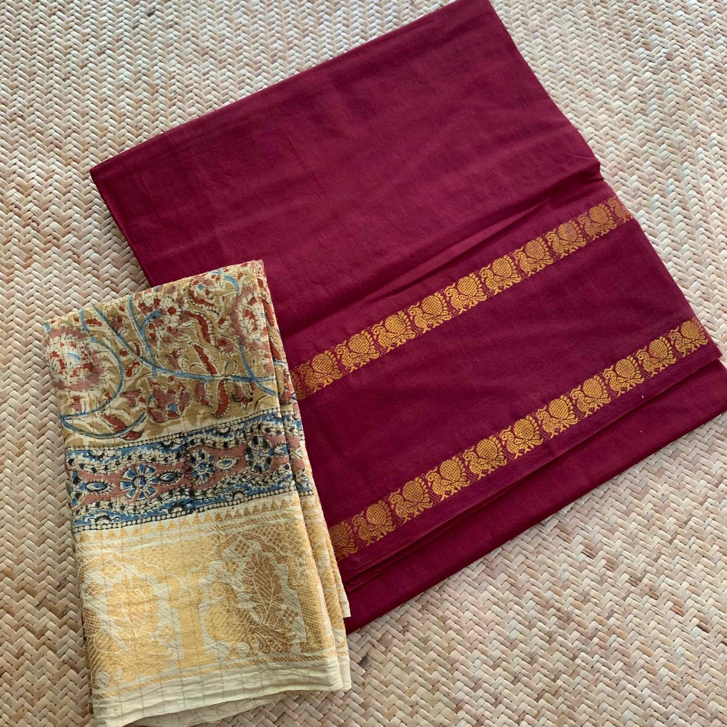 Brown Saree with kalamkari Blouse piece, Zari Annam Rettai Pettu Border , Clamp dyed (Kattu sayam).