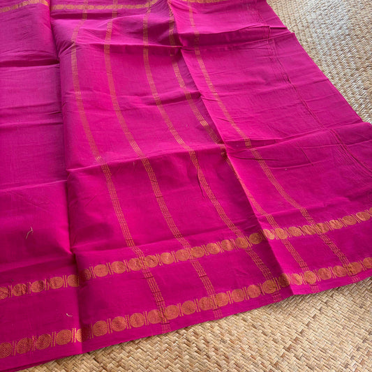 Rani Pink Saree With Running Blouse , Zari Rudraksham Rettai Pettu Border , Clamp dyed (Kattu sayam)