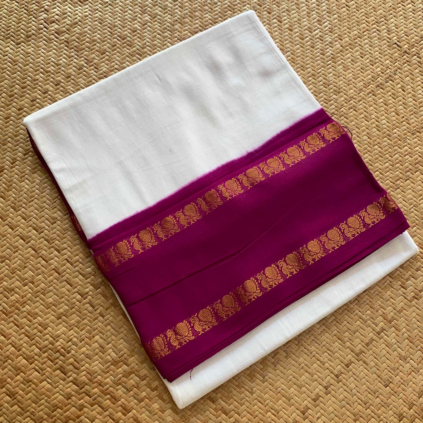 Pure White Saree Purple Border, Zari Annam Rettai Pettu Border , Clamp dyed (Kattu sayam).