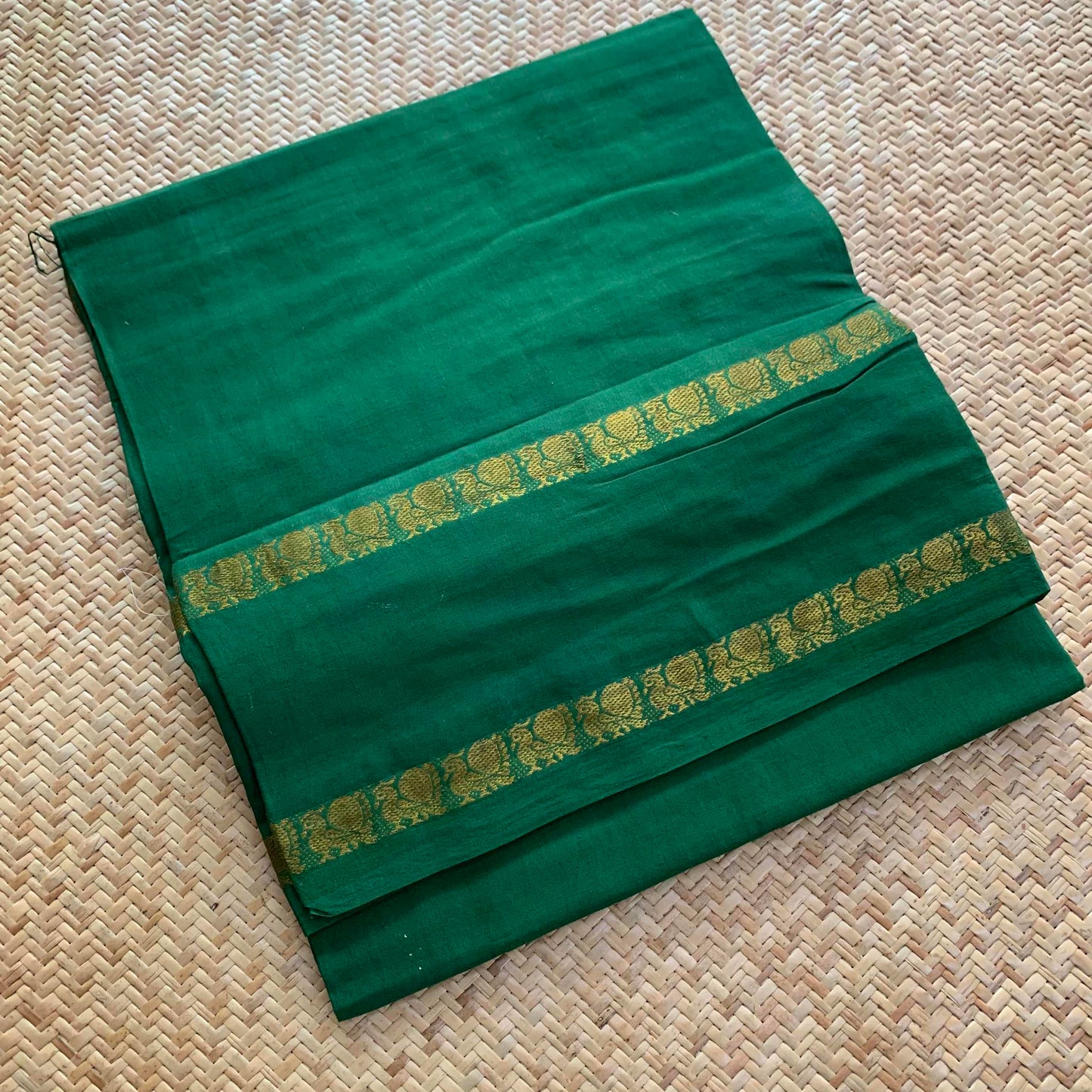 Green Saree , Zari Annam Rettai Pettu Border , Clamp dyed (Kattu sayam).