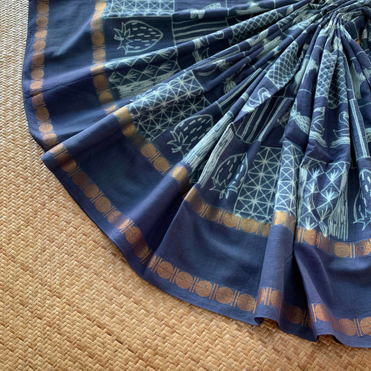 Frames.2- Denim Blue, Hand Crafted Nui Shibori Sungudi Cotton Saree