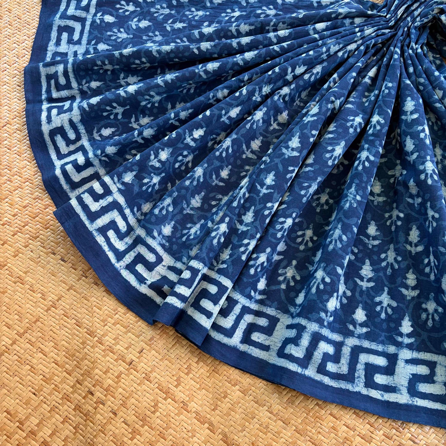 Mul Mul Cotton saree, Hand Block Printed, Indigo