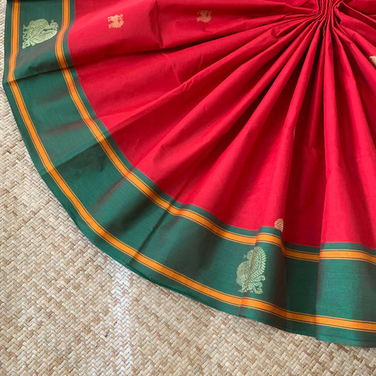Kanchipuram Cotton Saree, Red Saree With Green Border with Grand Pallu and Yazhi Chakkaram Butta