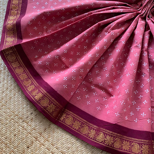 Pink With Maroon Wax Print, Half Fine Zari Premium Sungudi Cotton Sarees