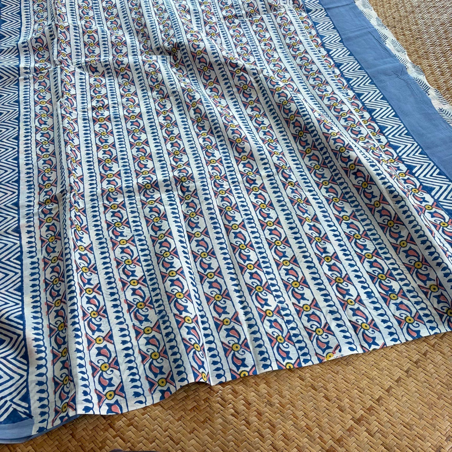 Mul Mul Cotton saree, Hand Block Printed, Pastel Blue