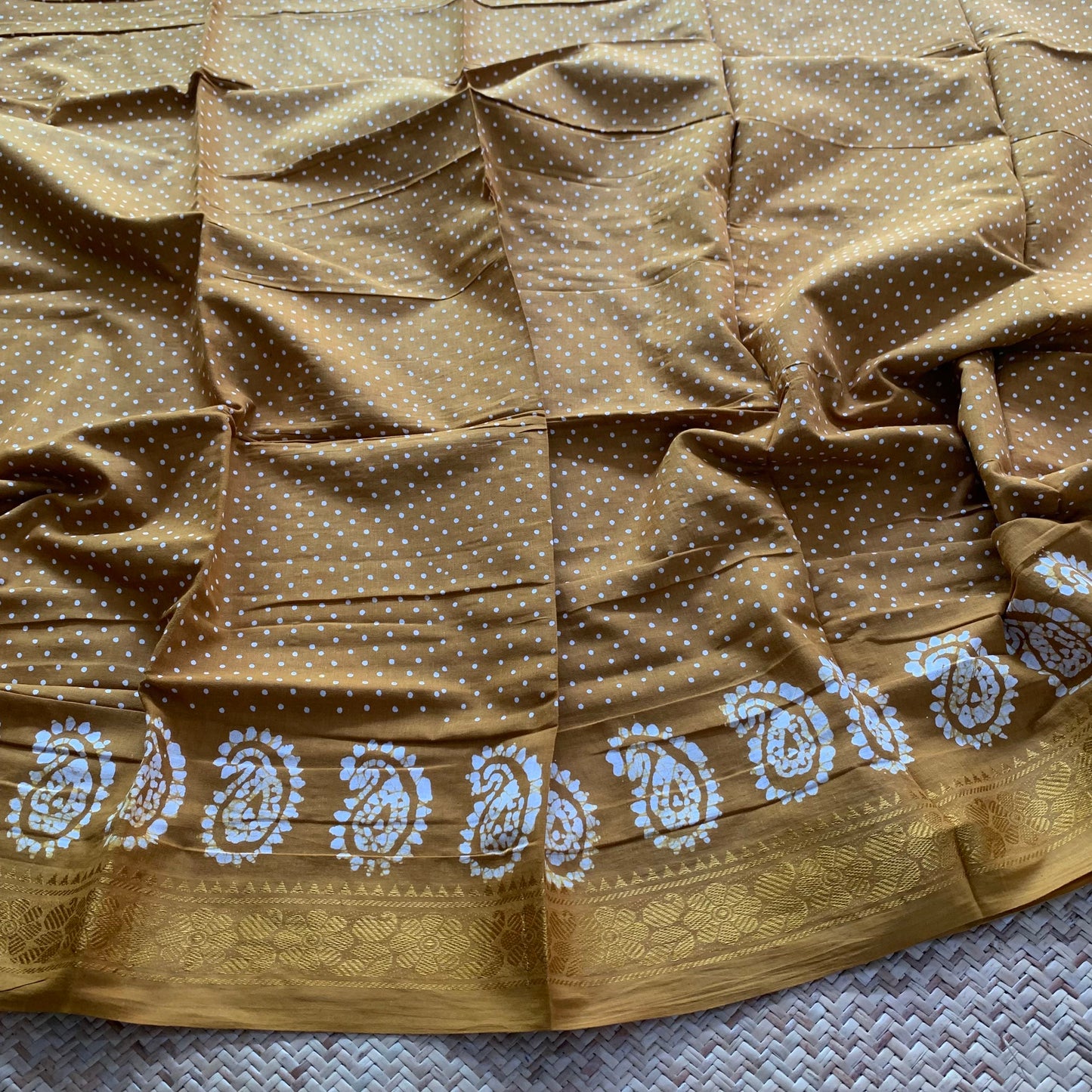 Mustard Hand Crafted wax print Sungudi Mul Mul Cotton Saree